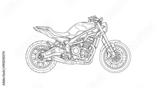 High Quality Black Line Art Motorcycle Technical Diagram with Visible Frame Structure, Wheels and Engine Components