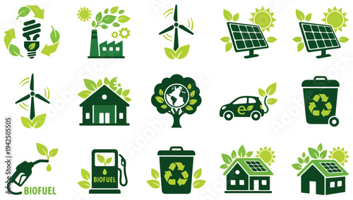 Green Technology Icons: Environmental Sustainability Set