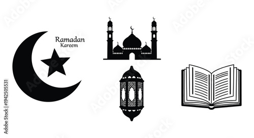 Ramadan kareem illustration featuring a crescent moon mosque and religious symbols