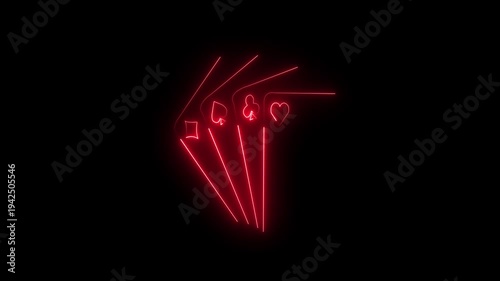 Casino Poker Playing Cards with Glowing Neon Light Effect ,Red Neon Playing Cards Fan with Card Suit Icons.