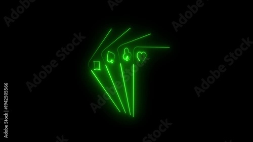 Neon Casino Playing Cards with Card Suit Symbols on Black Background