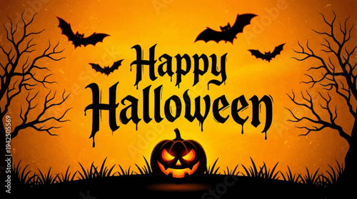 Happy Halloween Spooky Background with Glowing Jack-O'-Lantern Pumpkin, Flying Bats, and Bare Trees on Orange Gradient Texture