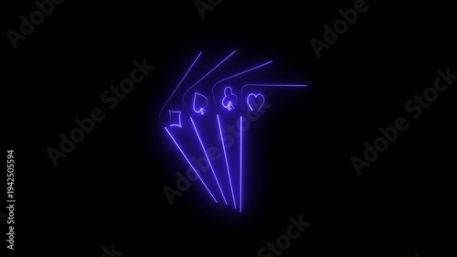 Glowing Neon Playing Cards Icon with Heart, Spade, Club and Diamond Symbols.