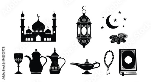 Islamic elements including a mosque lantern and crescent moon design