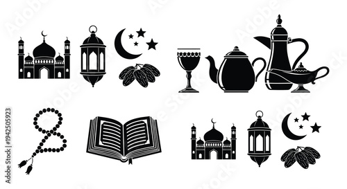 Islamic elements including a mosque lantern and crescent moon design