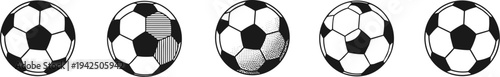 Five Distinct Soccer Ball Designs in Horizontal Row Featuring Classic, Lined, Halftone, Abstract, and Traditional Black-and-White Panel Styles