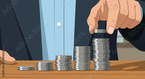 A business person stacking coins on a table in ascending order, symbolizing financial growth and investment strategies for a successful future