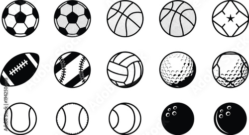 Sixteen Black-and-White Sports Ball Illustrations in Grid Featuring Soccer, Basketball, Baseball, Volleyball, Golf, Tennis, Bowling, American Football