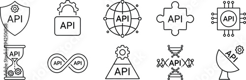 API integration and application programming interface outline icon set with cloud, gear, network and security symbols modern technology vector illustration collection