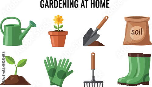 Illustration with gardening tools and elements watering can flowerpot shovel soil bag sprout gloves rake boots
