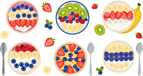 Healthy Fruit Oatmeal Bowls Vector Illustration Featuring Strawberry, Banana, Blueberry and Kiwi Breakfast Meals for Nutrition and Fresh Food Design