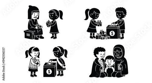 Black silhouettes depicting children donating gifts and resting comfortably