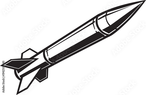 Black and white vector illustration of a single rocket or missile, depicted with a sharp nose cone and fins, ideal for technology, launch, or military concepts.