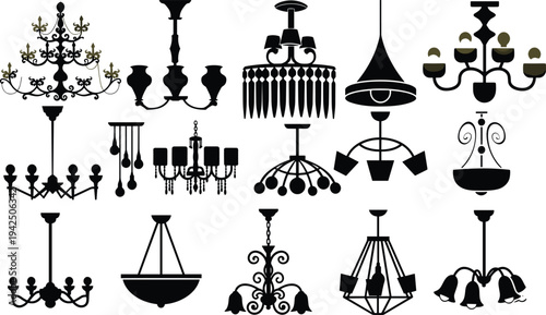 Vintage chandelier and ceiling lamp silhouette set in black, classic hanging light fixtures collection with ornate decorative designs vector illustration isolated