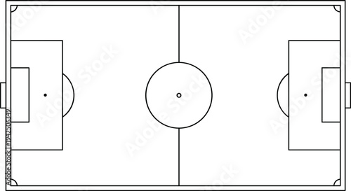 Top-Down Soccer Field Schematic with Boundaries, Center Circle, Penalty Areas, Goal Boxes, Corner Arcs, Regulation Pitch Layout for Strategy