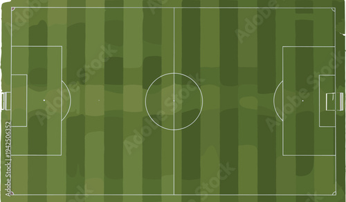 Top-Down Soccer Field Layout with White Markings, Green Grass Patterns, Center Circle, Penalty Areas, Goal Zones, Professional Pitch Design