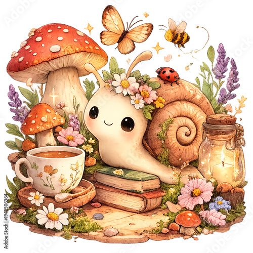 cozy snail garden vignette, adorable snail illustration, cute garden creature character design, soft pastel green peach and cream palette, smiling snail with spiral shell detail, tiny mushrooms and wi