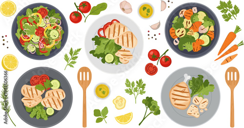 Healthy Grilled Chicken Salad and Vegetable Bowl Collection with Fresh Greens, Tomatoes, Cucumbers, Carrots, and Lemon Dressing Vector Illustration Set