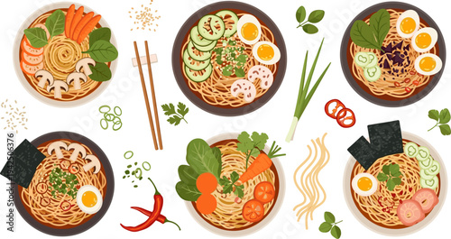 Healthy Vegetable Ramen Noodle Bowl Collection with Eggs, Mushrooms, Cucumber, Tomato, Seaweed, Herbs, and Chopsticks Asian Soup Meal Vector Illustration Set