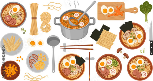 Japanese Ramen Cooking Ingredients and Bowl Collection with Noodles, Eggs, Broth Pot, Chopsticks, Seaweed, Meat, Vegetables, and Traditional Asian Food Elements Vector Set