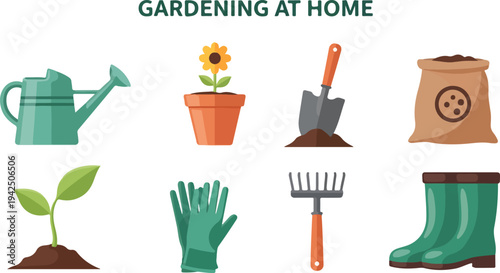 Illustration with gardening tools like watering can shovel and boots A sunflower and plant sprout are also present