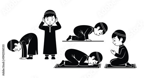 Illustration of muslim boys in various positions of prayer