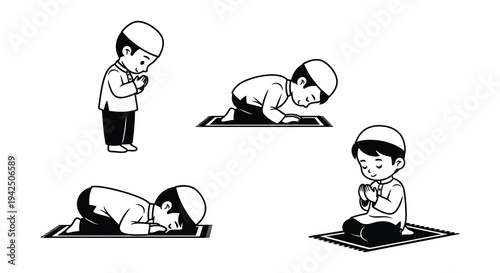 Illustration of muslim boys in various positions of prayer