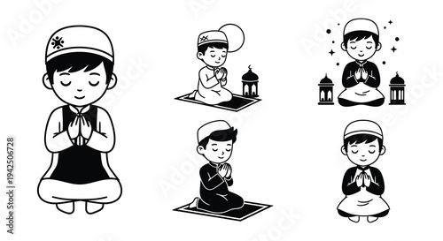 Illustration of muslim boys in various positions of prayer