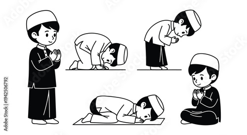 Illustration of muslim boys in various positions of prayer