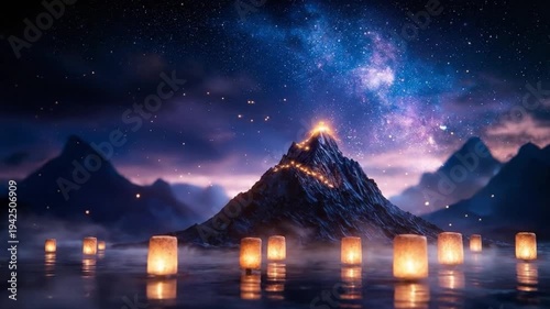 A mountain peak surrounded by floating lanterns