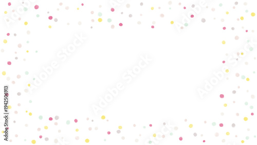 中央に余白のあるパステルカラーの水彩ドット背景、かわいい手描き水玉のコピースペース付きフレーム素材。パステル水彩ドットのフレーム背景。