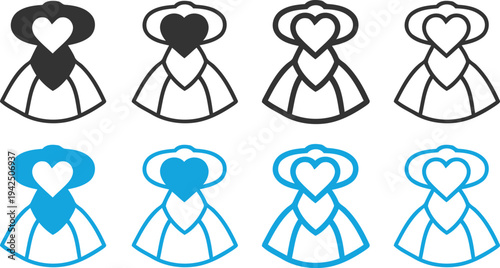 Collection of six identical princess silhouettes with heart shaped faces in various line art styles and colors