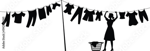 Black silhouette woman hanging laundry on clothesline with clothespins and basket, household washing routine, garments drying outdoors minimalist domestic illustration
