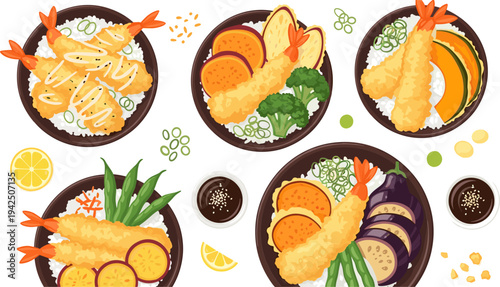 Japanese Tempura Shrimp Rice Bowl Collection with Fried Prawns, Vegetables, Broccoli, Eggplant, Sweet Potato, and Dipping Sauce Asian Food Vector Illustration Set