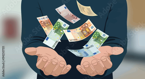 Person's hands catching falling euro banknotes illustrating financial concepts and wealth