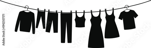 Clothes hanging on laundry line silhouettes with shirts, pants and dress isolated on white background, household laundry concept illustration for cleaning and daily life