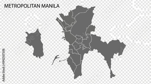 Gray Map of Metropolitan Manila NCR Philippines with City Districts Isolated on Transparent Background