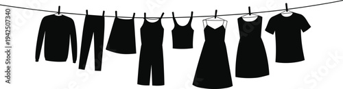Clothes hanging on laundry line silhouettes with shirts, pants and dresses isolated on white background, household laundry drying concept illustration for cleaning and daily life