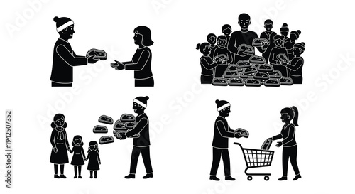 Line art illustration of people presenting trays with roasted turkeys