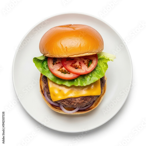 A hamburger on a white plate with lettuce and tomato
