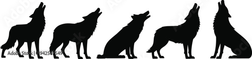 Collection of howling wolf silhouettes in different poses isolated on white background, wild animal predator illustration for wildlife design, tattoo, logo, nature concept