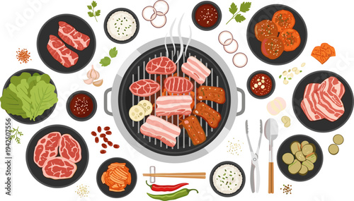 Korean BBQ Grill Table Vector Illustration Featuring Assorted Meat, Vegetables, Kimchi and Sauces for Traditional Korean Barbecue Food Concept