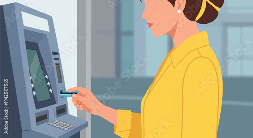 Woman confidently performing a secure banking transaction at an automated teller machine, demonstrating modern financial convenience and digital money access
