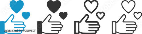 Thumbs up icons with hearts in different colors and styles