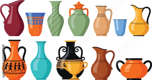 Colorful Ancient Pottery Vessels Set with Greek Amphorae Jugs Pitchers Vases and Decorated Ceramic Jars Vector Illustrations for History, Archaeology, Antique Decor, and Educational Graphics