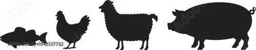 Farm animal silhouettes set with fish, chicken, sheep and pig isolated on white background, livestock animal illustration for agriculture, farming, logo and design