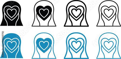 Nun heart silhouette icon variations in different colors and shades