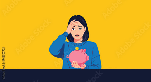 A visibly distressed young woman holding an empty piggy bank, symbolizing personal financial crisis, economic hardship, and the anxiety of money problems and saving struggles