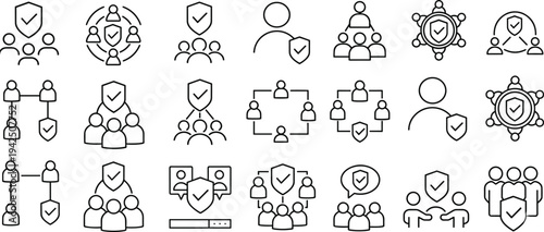 Cybersecurity and data protection line icon set featuring user security, network shield, privacy protection, secure communication, digital authentication, and enterprise risk management concepts