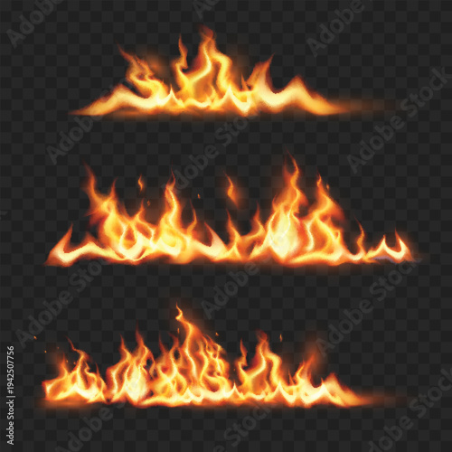 Realistic Fire Flame Border Set. Vector Glowing Burning Lines Isolated on Transparent Background.
